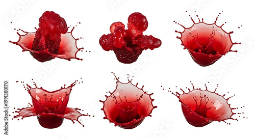 Six dynamic high-speed splashes of vibrant red liquid creating intricate crown and chaotic patterns against a white background.