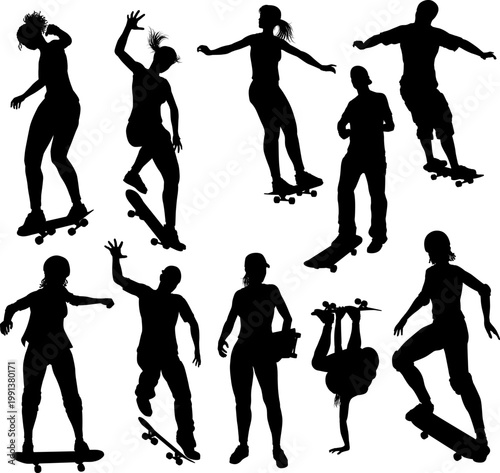 A set of skateboarders women and men or girls and boys, male and female skateboarders in silhouette.