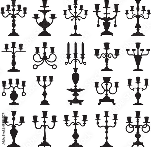 Vintage candelabra candle holder silhouette icon set isolated on white background