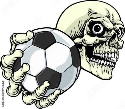 A grim reaper or death skeleton sports team or Halloween event mascot holding a soccer football ball