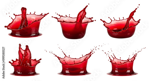 Six dynamic red liquid splashes captured in various stages of impact and rebound, forming intricate crown shapes and droplets.