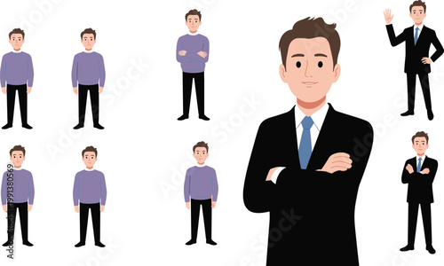 Cartoon character transformation from casual office attire to professional business suit with confident poses, teamwork, leadership, corporate identity, career growth, and personal development illustr
