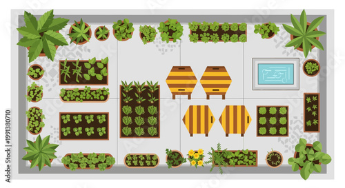 Top down view of a backyard garden design with vegetable patches and seating area.