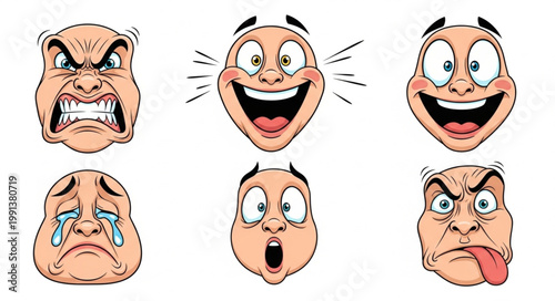 Cartoon Faces Expressing Various Emotions.