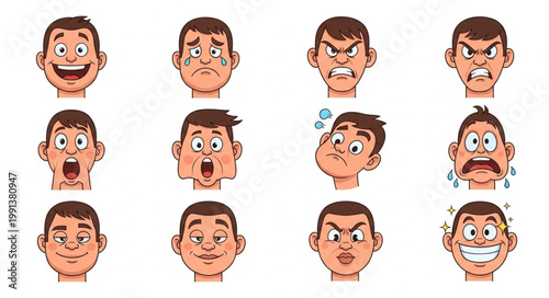 Cartoon man various facial expressions.