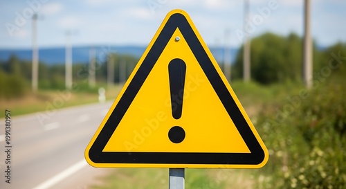 An isolated yellow warning triangle sign with a black exclamation mark symbol serves as a road risk alert and health hazard caution icon to represent a safety problem, stress, or danger concept