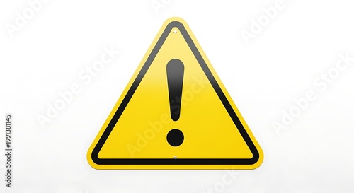 An isolated yellow warning triangle sign with a black exclamation mark symbol serves as a road risk alert and health hazard caution icon to represent a safety problem, stress, or danger concept