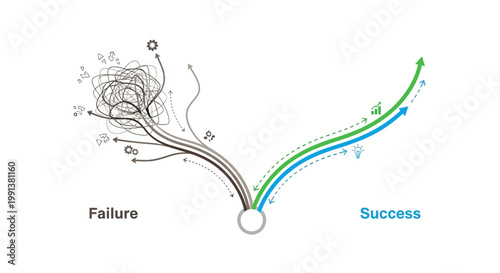 Business success concept, road to success, failure vs achievement, growth strategy, vector illustration