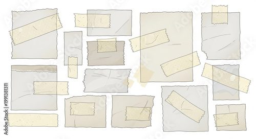Collage of Blank Paper Notes and Envelopes with Tape.