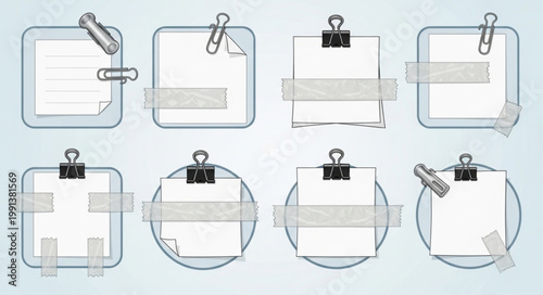 Collection of blank note papers attached with clips and tape on light blue background.