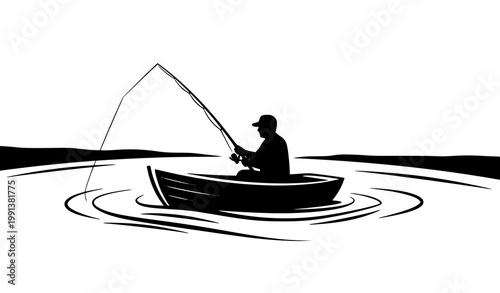 Fisherman silhouette in boat fishing river vector illustration flat minimal outdoor activity design