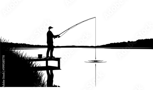 Silhouette of fisherman casting rod in calm lake vector illustration minimalist outdoor fishing scene
