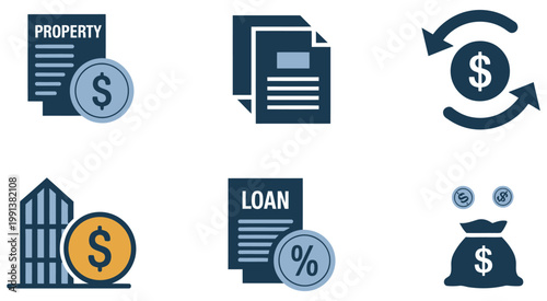 Finance business loan icon set, vector illustrations representing loan approval, money lending, banking, credit, and financial growth, clean flat and outline design suitable for apps, websites