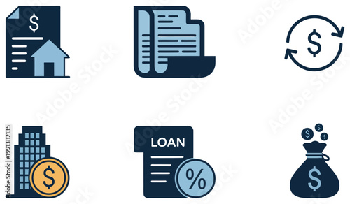 Business loan finance icon set, minimal vector collection featuring credit approval, cash flow, bank documents, and funding symbols, modern design for banking apps, financial services, and investment