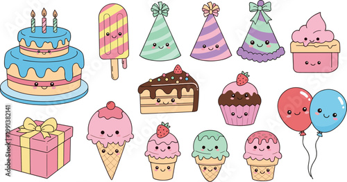 Cute Kawaii Birthday Party Sweet Characters Set with Cake Ice Cream Hat Balloon and Gift Vector Illustration