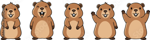 Cute Cartoon Groundhog Character Set with Different Poses and Expressions on White Background Vector Illustration