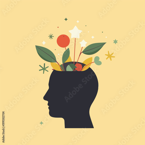 Creative human mind concept with abstract head silhouette and growing plants, leaves, and shapes symbolizing imagination, mental health, ideas, innovation, and inner thoughts.