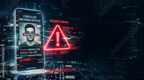 Cyber alert fake profile security breach warning on smartphone screen with neon danger icon in dark digital background