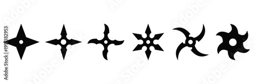Japanese Shuriken Ninja Star Icon Set – Traditional Martial Arts Throwing Weapon Silhouette Collection in Outline and 
Solid Styles for Game and UI Design Vector Illustration