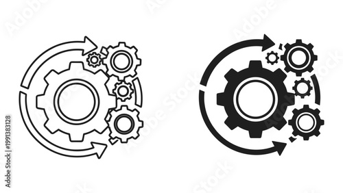 Bild auf Leinwand Black and white gear icons with circular arrows for business or technology conce