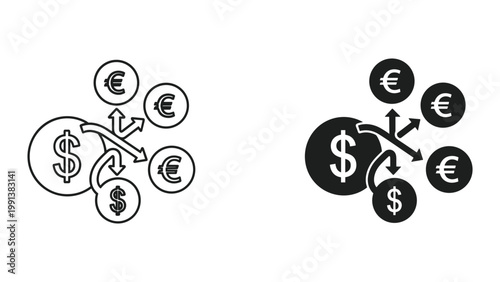 Vector illustration of currency exchange and conversion icons with dollar and euro symbols in black on white background