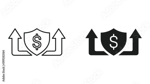 Financial security shield with dollar sign and arrows icon set