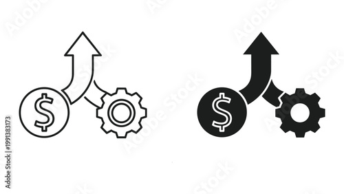 Black and white line icons depicting business growth and profit increase