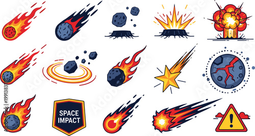 Asteroid Impact and Space Hazard Vector Icon Set with Flaming Meteorites