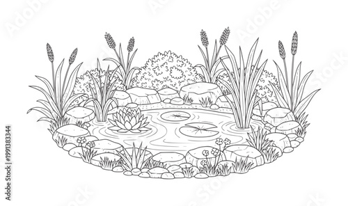 Hand drawn of a tranquil garden pond with water lilies and reeds lily lotus
