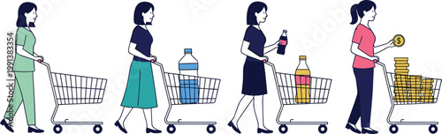 Consumer shopping behavior concept showing woman with cart evolving from basic needs to luxury purchases financial lifestyle vector illustration