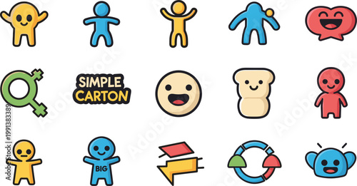 Cute Cartoon Character Icon Set with Happy Emoji and Humanoid Figures