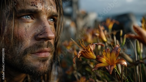Cinematic portrait of Jesus Christ standing among peaceful lilies at dusk with soft divine light and detailed linen robes.