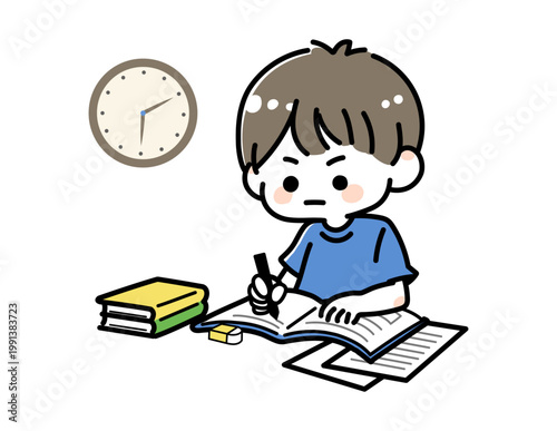 宿題をする子どものイラスト 夏休み 夏期講習 勉強シーン