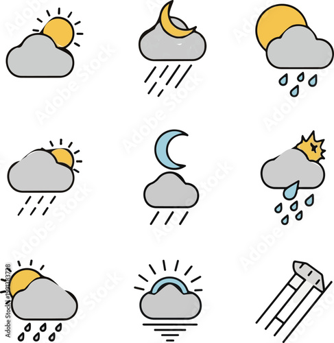 Colorful weather icons representing various atmospheric conditions including rain sun and moon phases set against a clean white background area