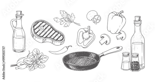 Hand drawn of steak bell pepper mushrooms herbs oil and frying pan