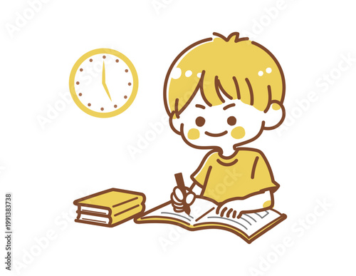 勉強する子どもの黄色系イラスト 学習 教育素材