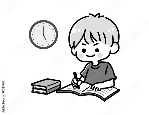 勉強する子どものモノクロイラスト 学習 教育素材 タグ