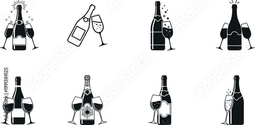 Champagne bottle and wine glass silhouettes collection, celebration drink icons set for party and festive vector illustration