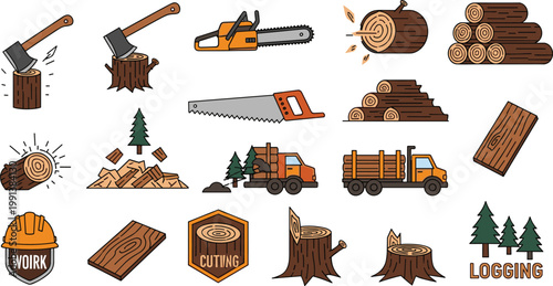 Logging Industry Vector Set Chainsaw Axe Timber Truck Wood Icons