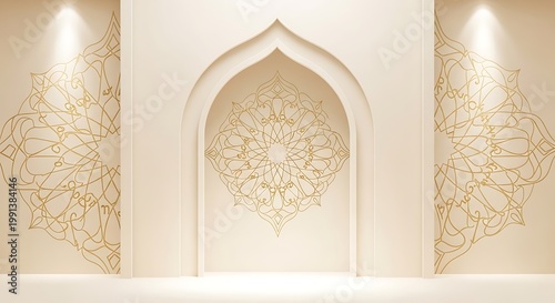 Antique Thai architecture featuring an ornate gold and wood entrance door set within an ancient stone arch of a traditional religious temple building