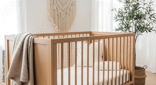 Modern nursery with wooden crib and plant.