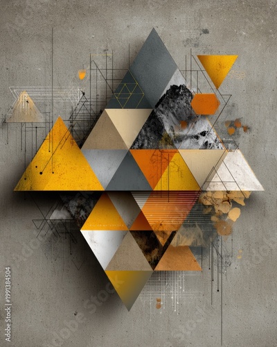 Minimalist geometric mountain peak illustration crafted from grey and orange triangles.