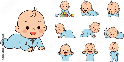 Cute baby boy daily activities set crawling sleeping playing smiling and standing cartoon vector illustration isolated collection