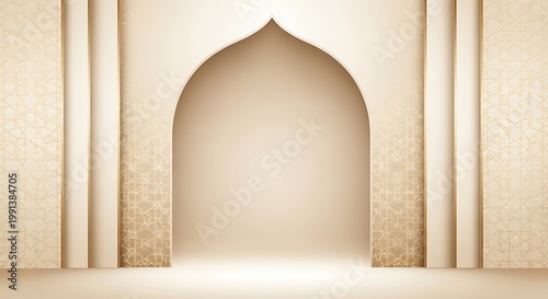 Antique Thai architecture featuring an ornate gold and wood entrance door set within an ancient stone arch of a traditional religious temple building