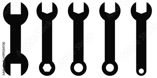 Wrench and Spanner Icon Set in Outline and Silhouette Styles – Repair, Maintenance and Mechanical Tools Vector Collection 
for UI and Industrial Design