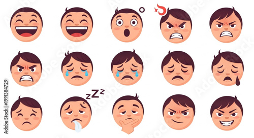 Collection of cartoon faces showing various emotions and expressions.