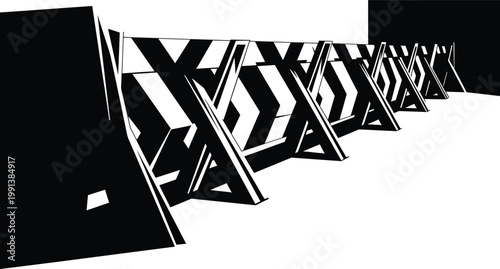 Black and White Barricades in Row on White Background