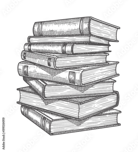 Stack of vintage books with line shading library knowledge