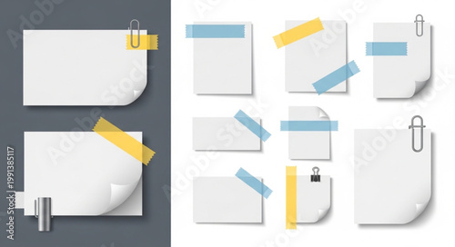 Collection of blank white paper notes with colorful tape and clips.