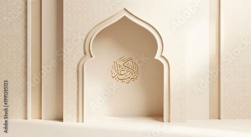 Antique Thai architecture featuring an ornate gold and wood entrance door set within an ancient stone arch of a traditional religious temple building